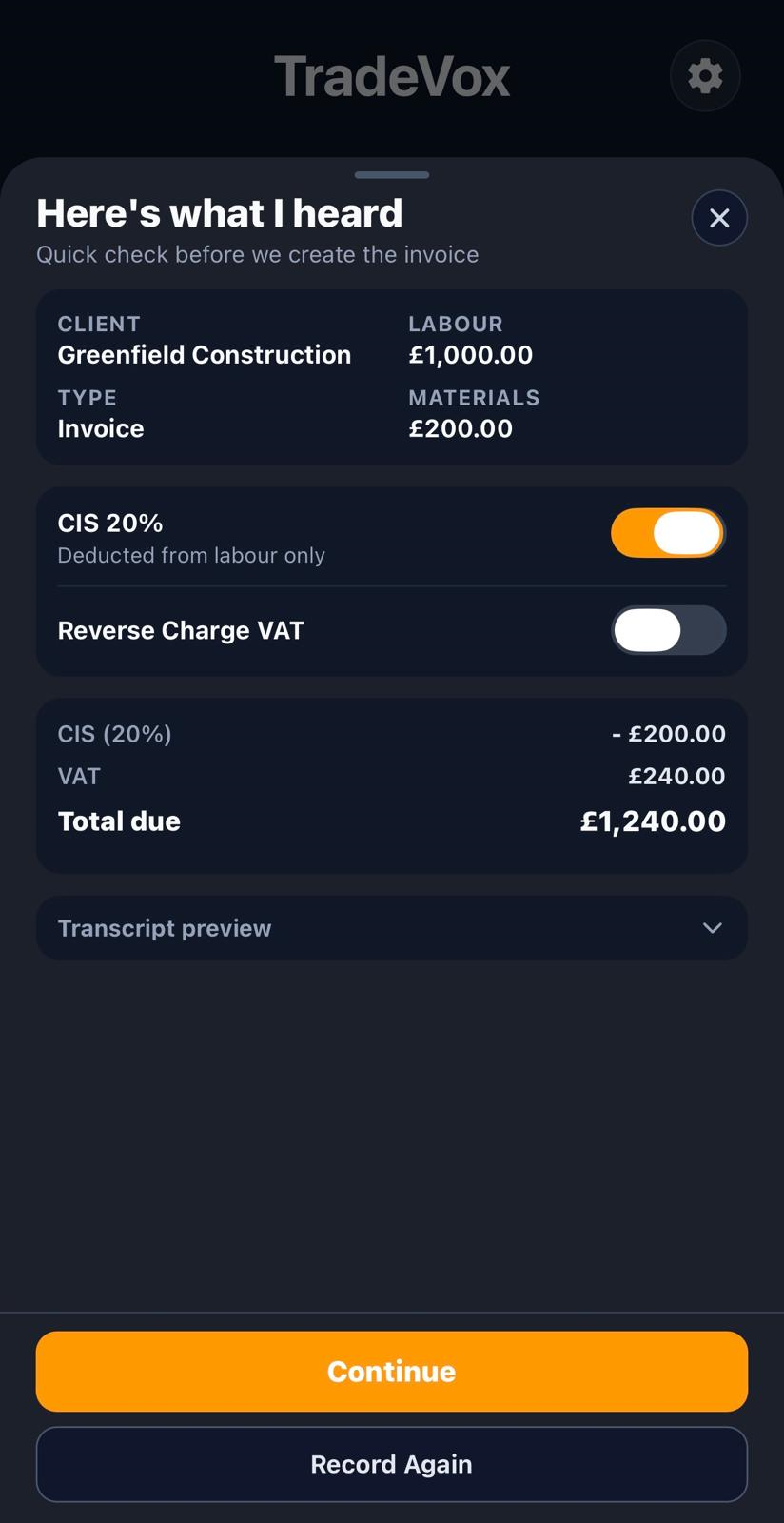 TradeVox iPhone app mockup showing voice recording interface
